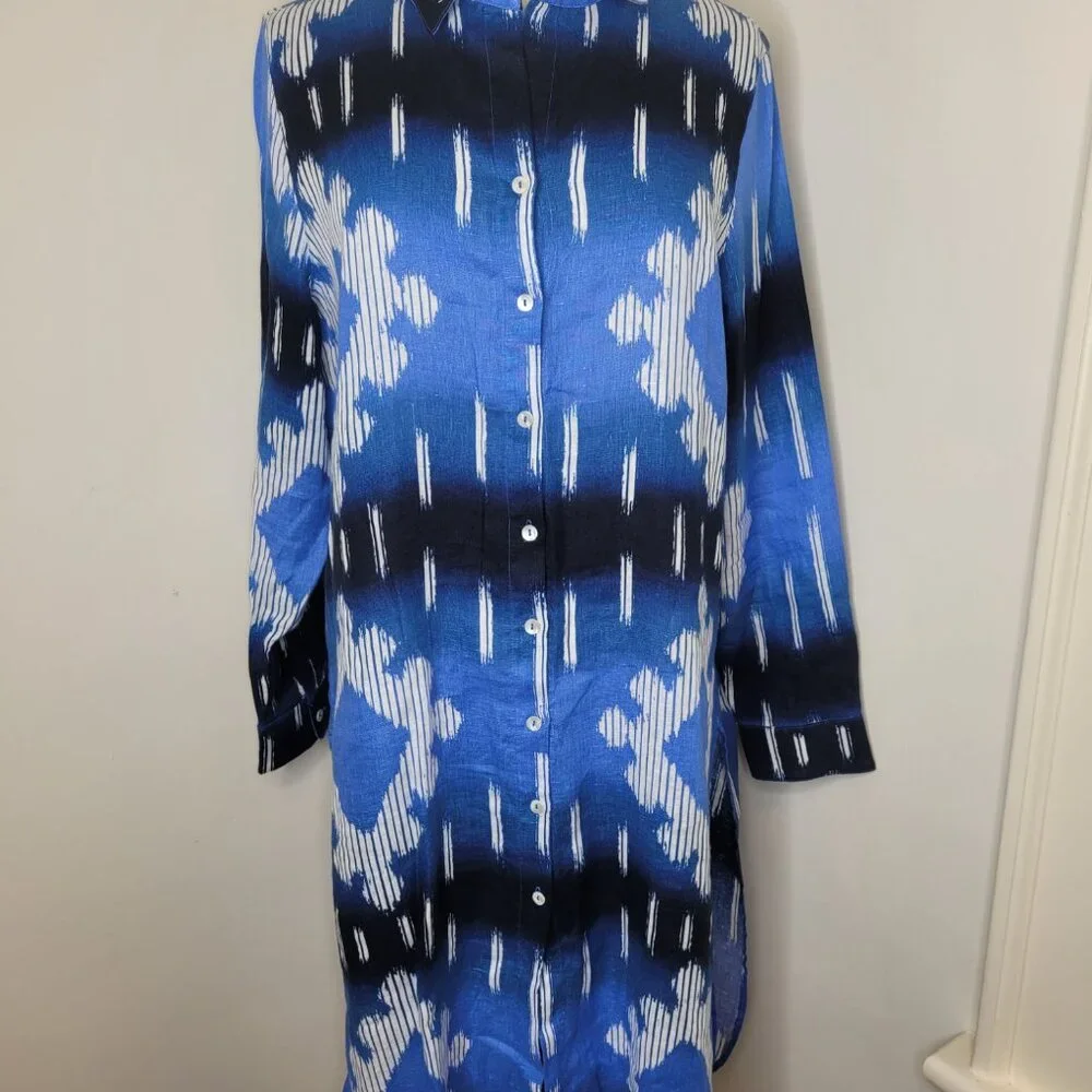 Chicos Womens Blue White Ikat Print Linen Button-Down shirt dress 12/14 tunic - Picture 3 of 7